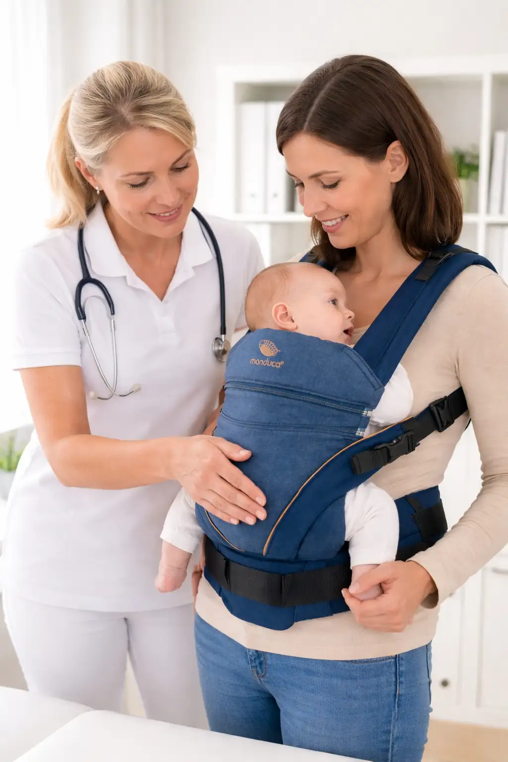 Hebamme prüft M-Position in Trage