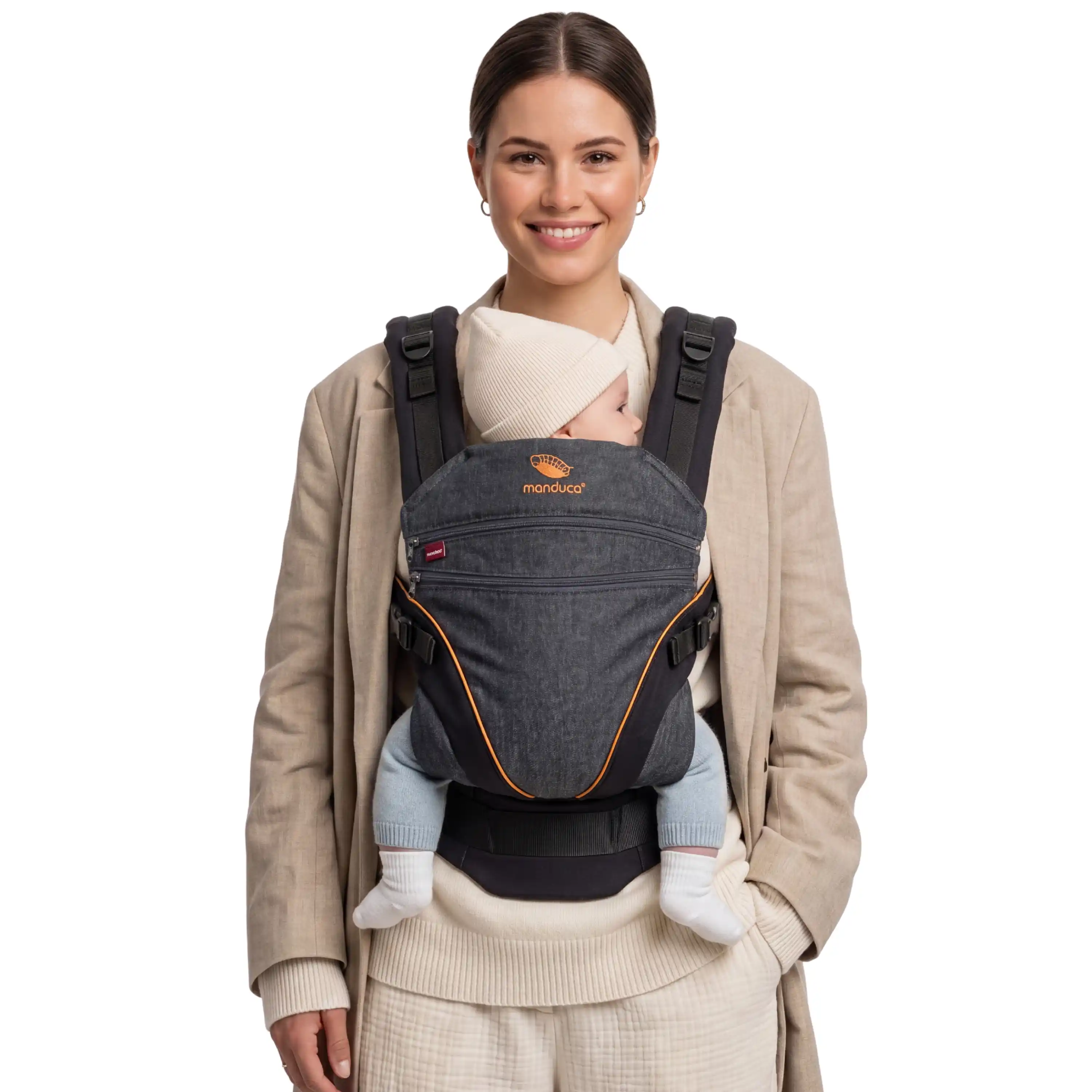 manduca XT Babytrage Denim Black getragen mit Baby