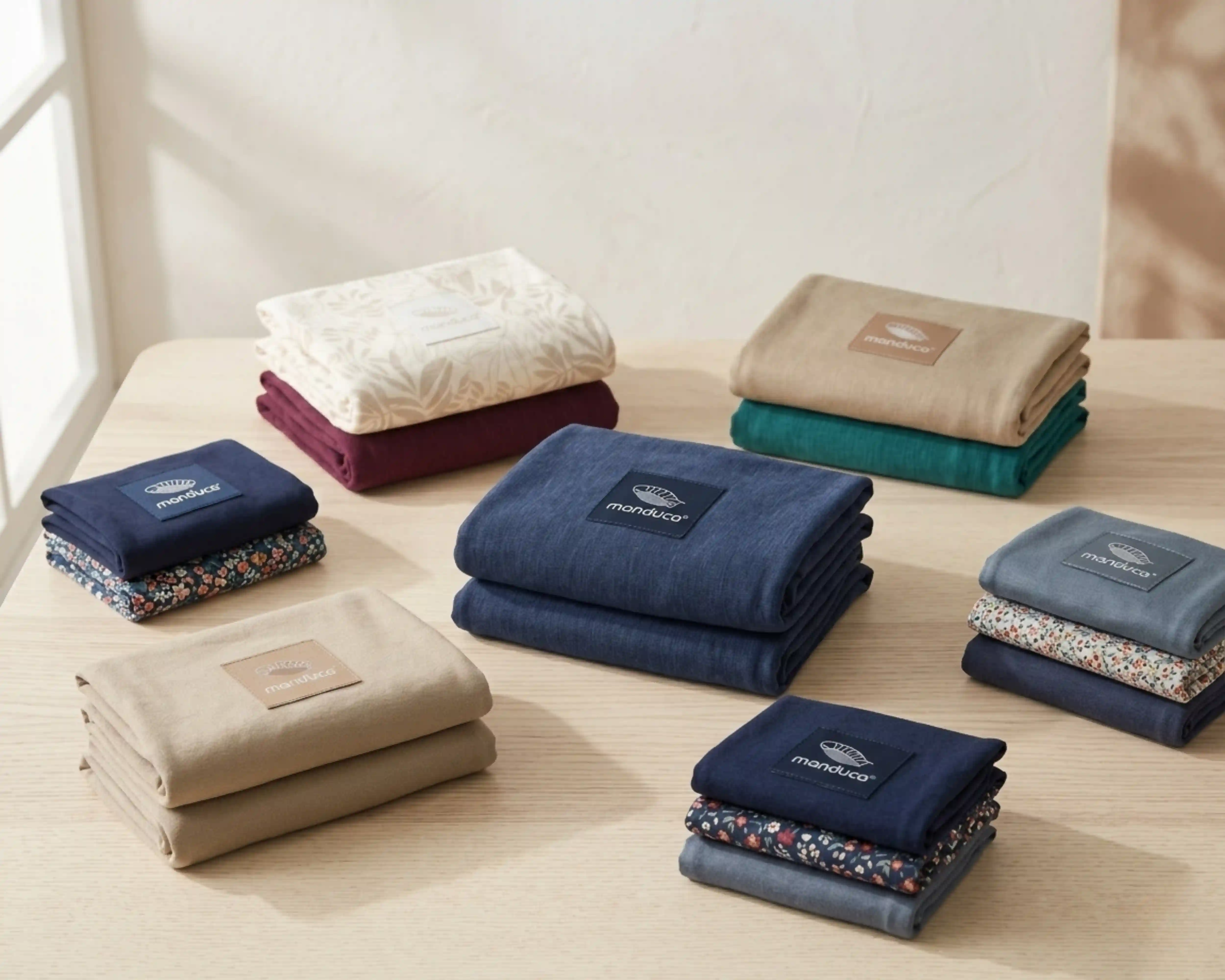 Neun Stapel gefalteter Manduca-Babytragetücher in verschiedenen Farben und Mustern auf einem Holztisch.