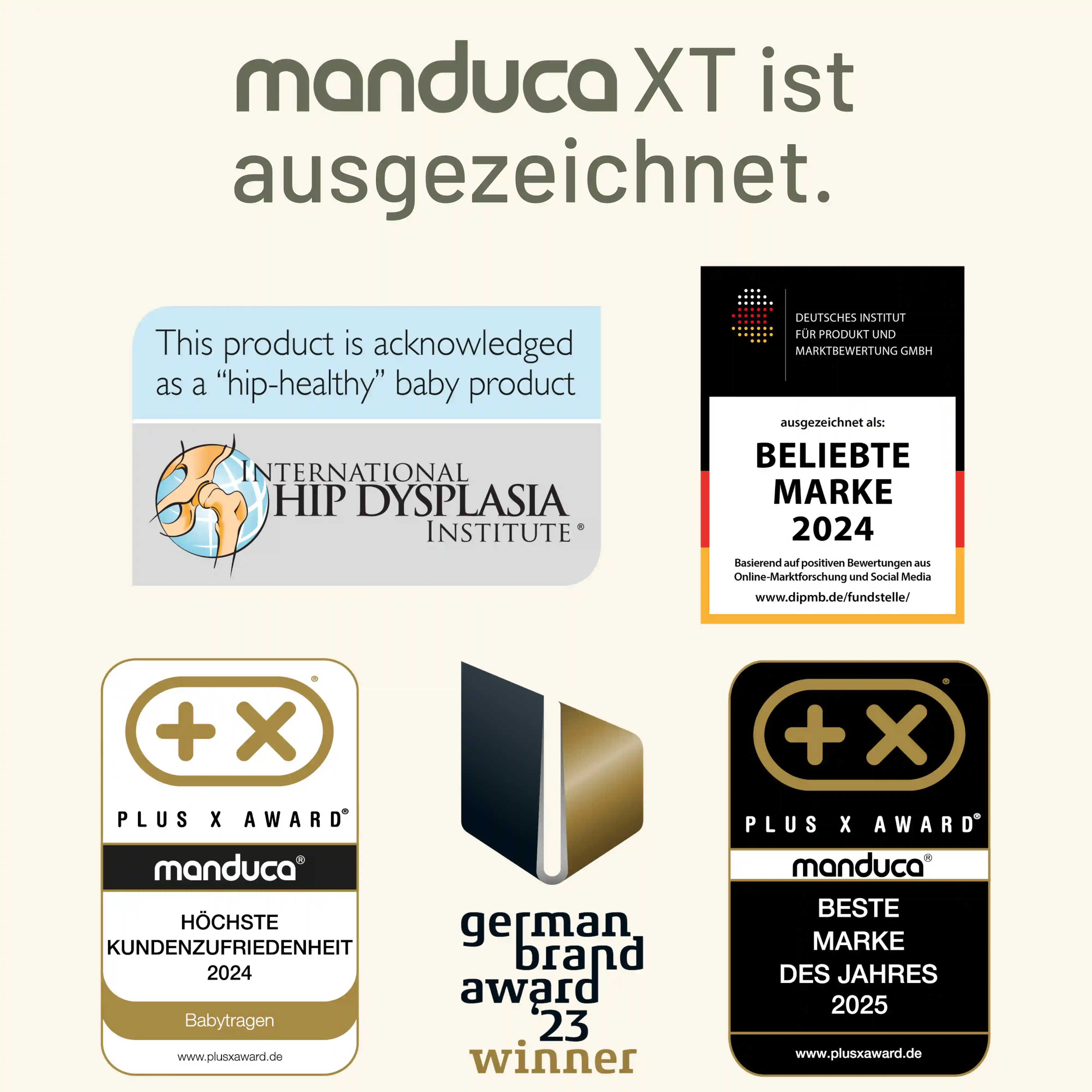 Auszeichnungen und Testsiegel der manduca XT Babytrage