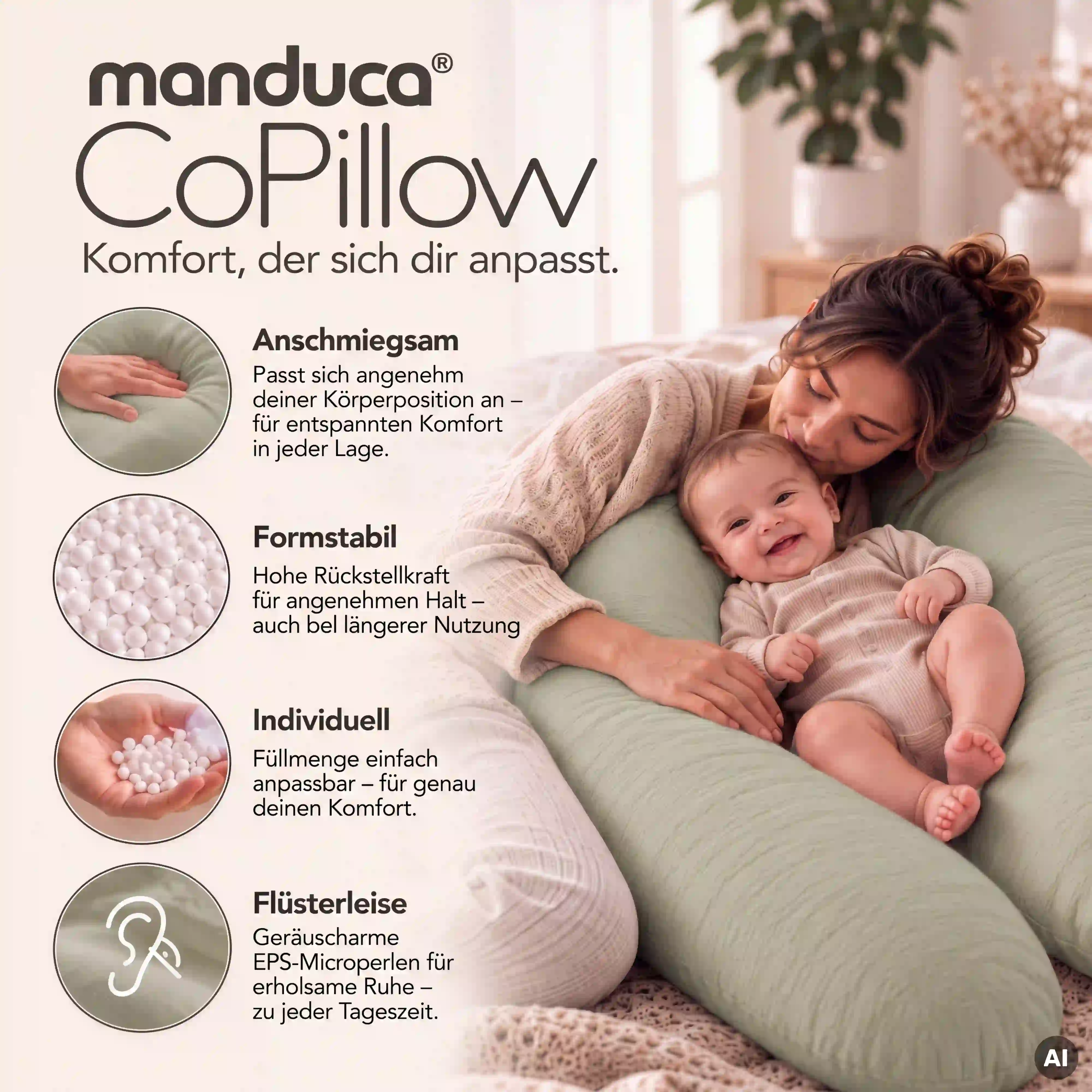 manduca CoPillow Quiet Sage als anpassbares Still- und Lagerungskissen