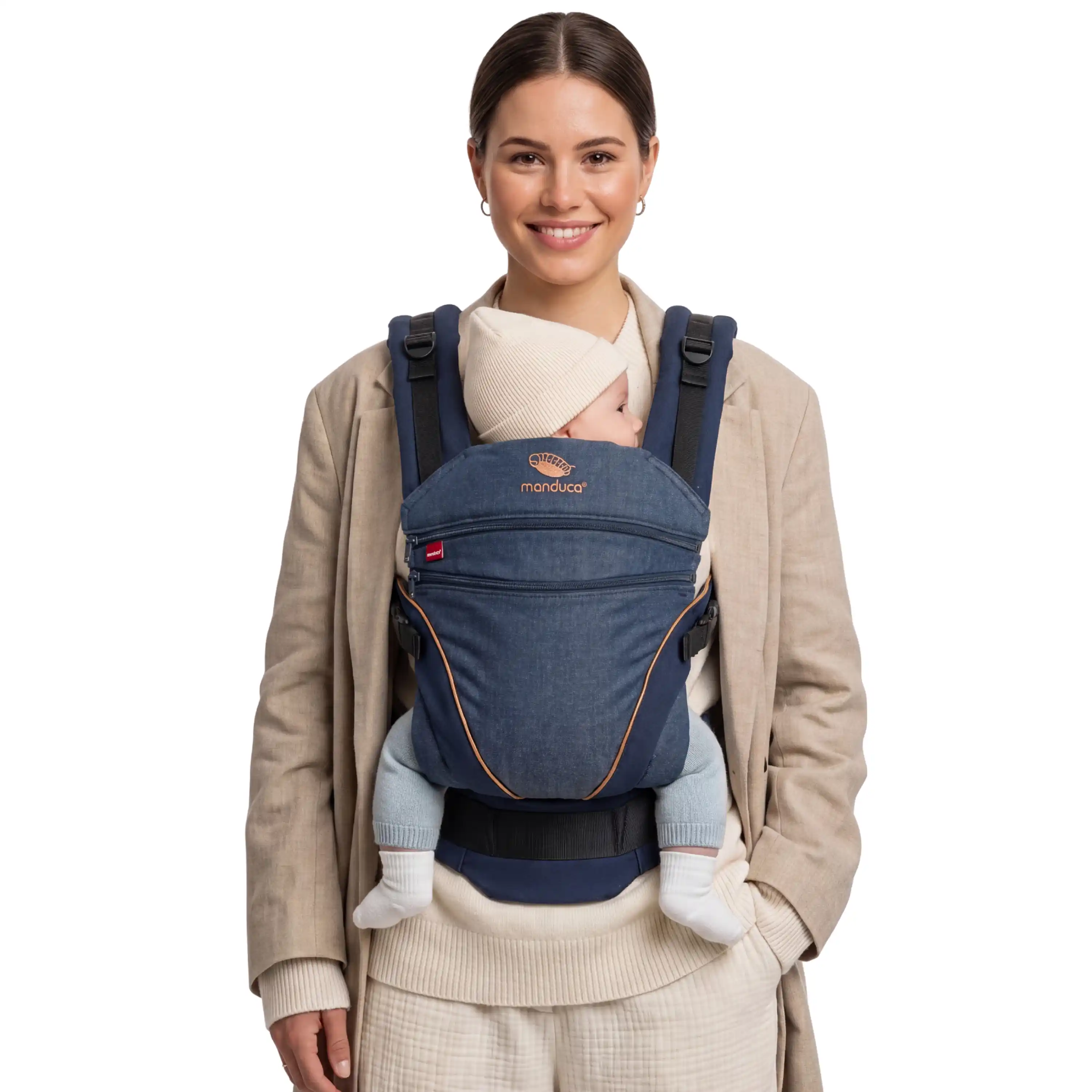 manduca XT Babytrage Denim Blue getragen mit Baby
