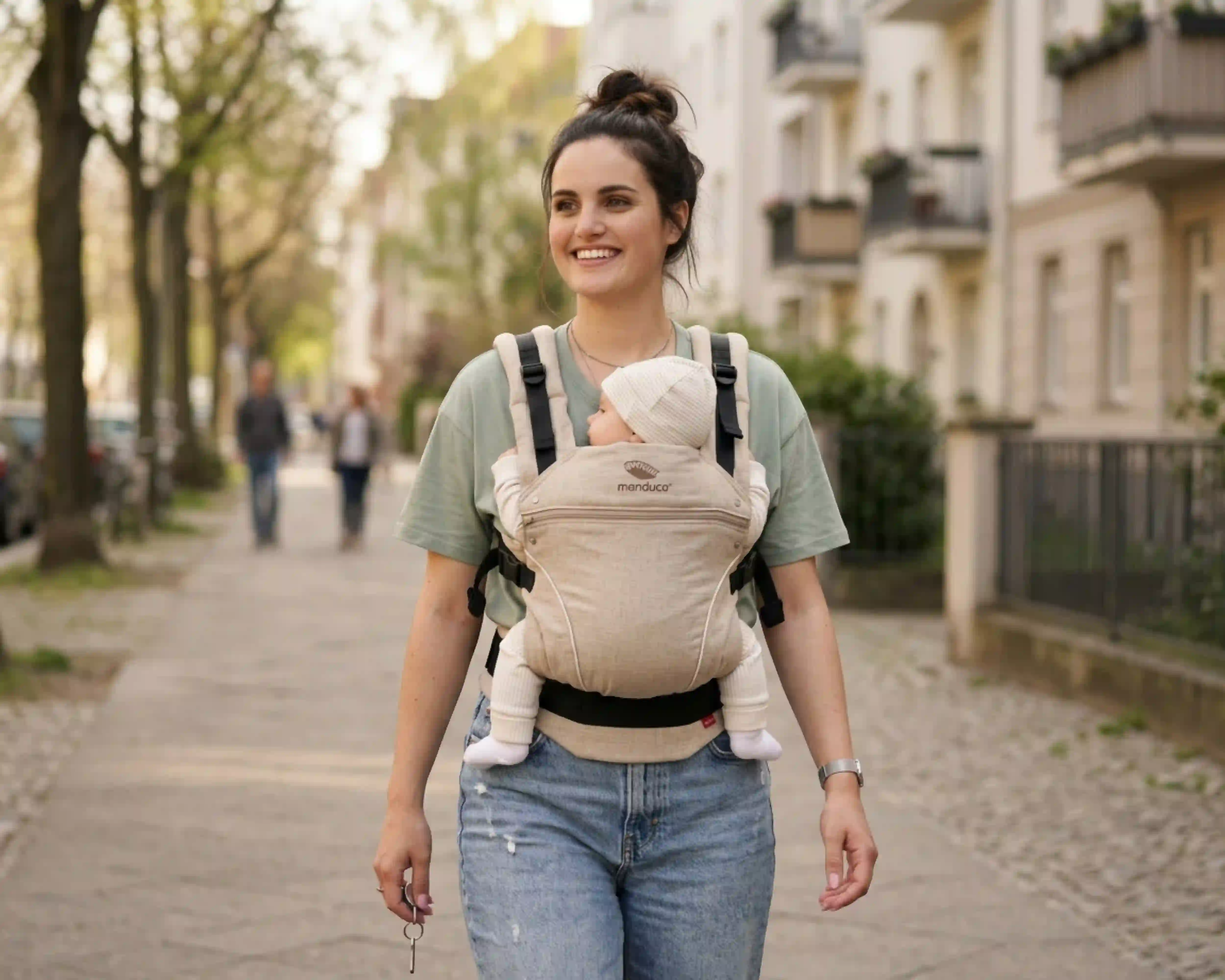 Mutter im urbanen Street Style mit ihrem Baby in der manduca XT Babytrage