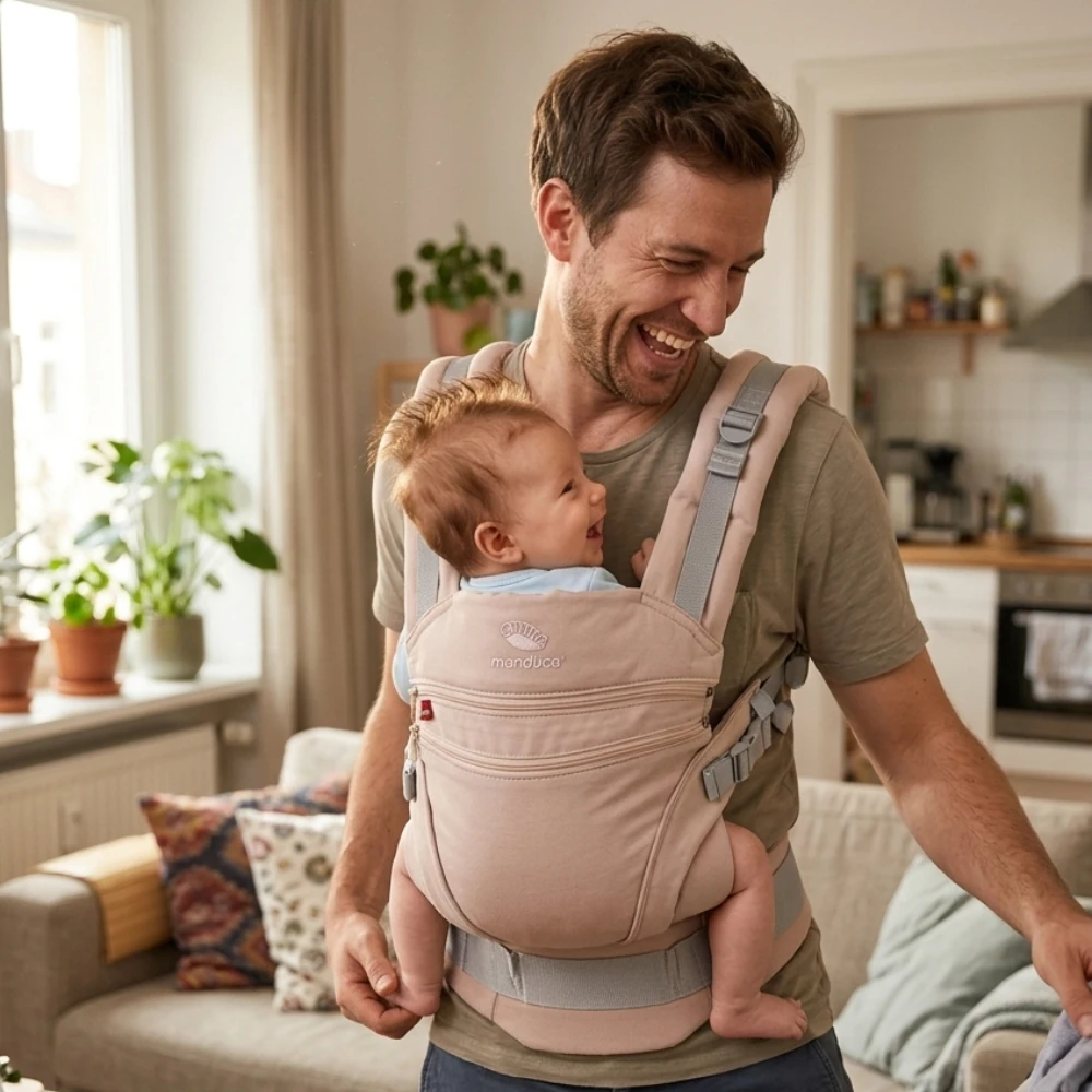 Ein lachender Vater in einem gemütlichen Wohnzimmer, der sein glückliches Baby in einer beigen Manduca-Babytrage vor dem Bauch trägt, während er eine Wiege mit Wäsche betrachtet.