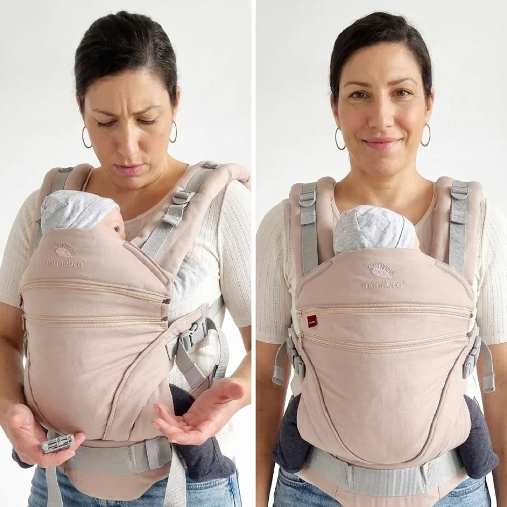 Vorher-Nachher-Vergleich: Eine Mutter stellt eine Manduca-Trage ein (links unsicher, rechts entspannt lächelnd)