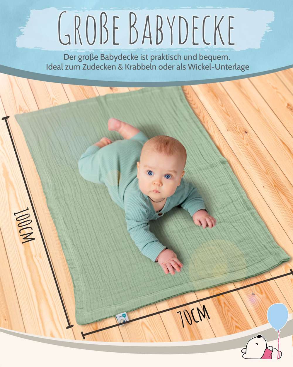 pic Bear Babydecke Kuscheldecke 70x100cm, grayed jade Musselin