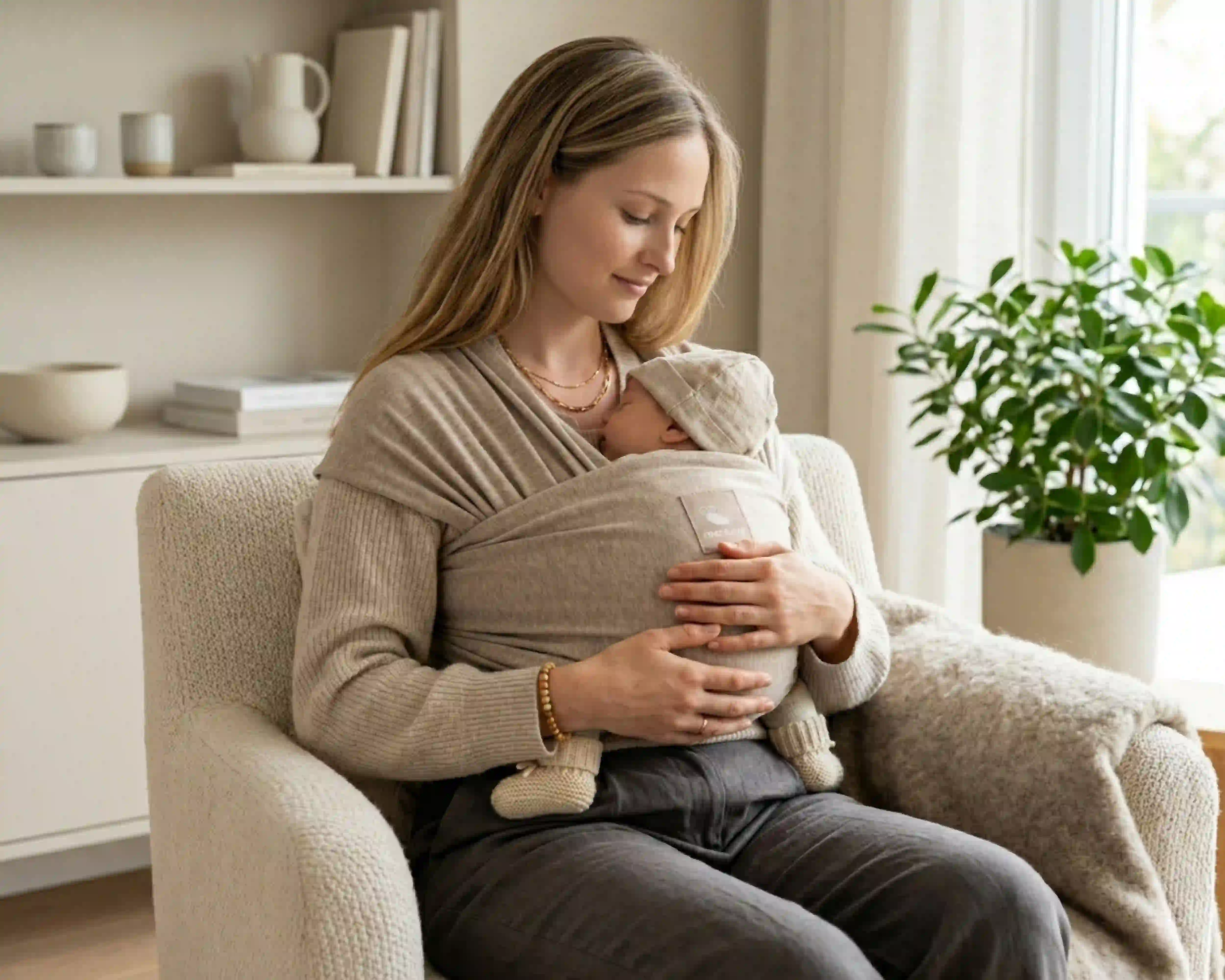 Mutter trägt ihr Baby entspannt im manduca Sling Babytragetuch auf der Couch
