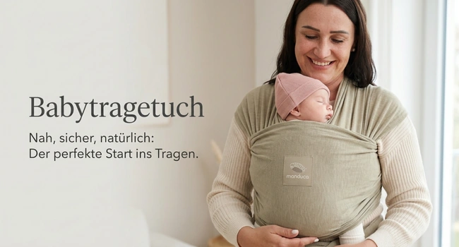 Eine lächelnde Mutter in einem beigen Pullover trägt ihr schlafendes Baby mit rosafarbener Mütze in einem hellgrünen Manduca-Tragetuch. Links daneben steht der Text "Babytragetuch. Nah, sicher, natürlich: Der perfekte Start ins Tragen