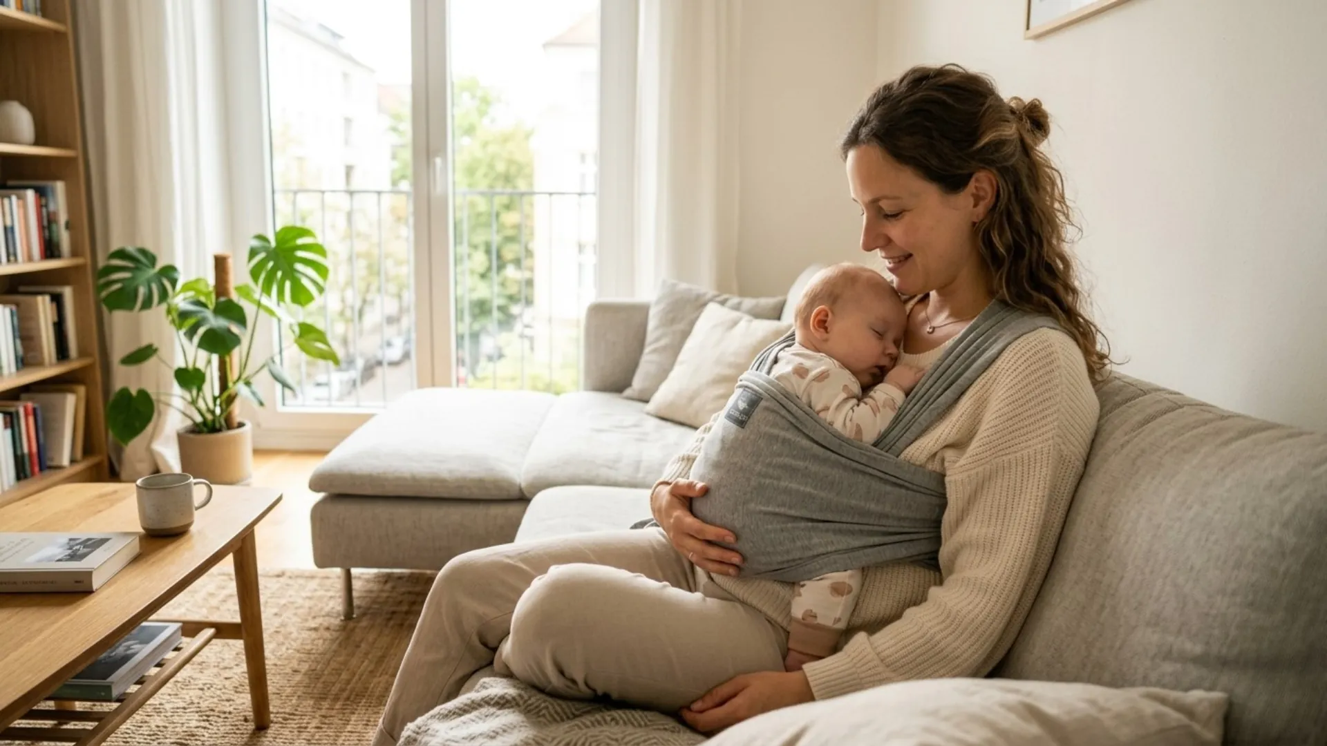 Ein Elternteil sitzt entspannt auf einer Couch in einem hellen, urbanen Wohnzimmer und hält ein schlafendes Baby, das in der ergonomischen M-Position sicher und nah am Körper in einem grauen manduca Tragetuch liegt.