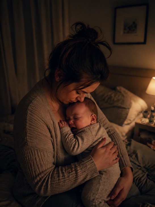 Mutter hat Baby ganz nah im Arm und küsst es
