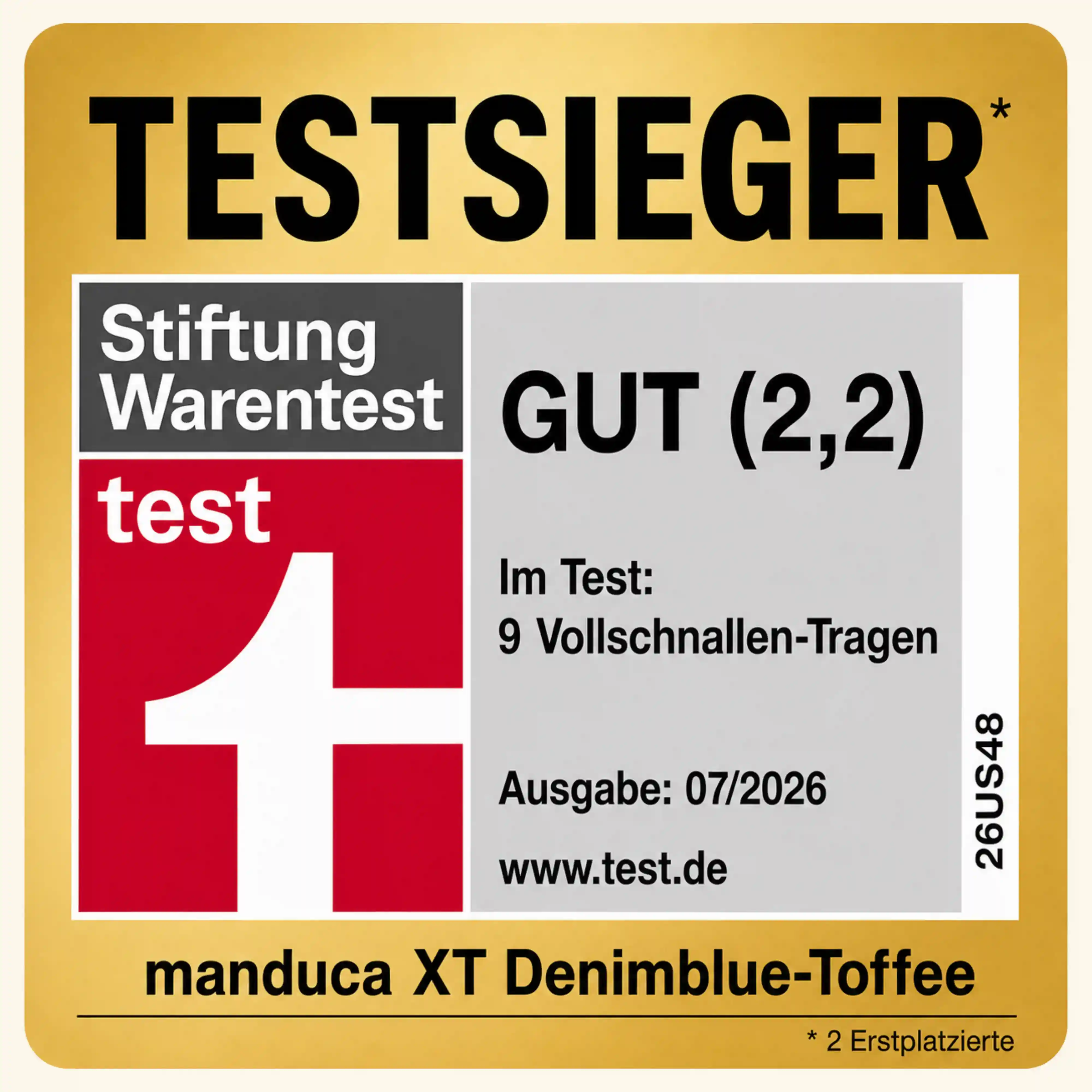 Stiftung-Warentest-Testsieger-Siegel der manduca XT mit Note Gut 2,2