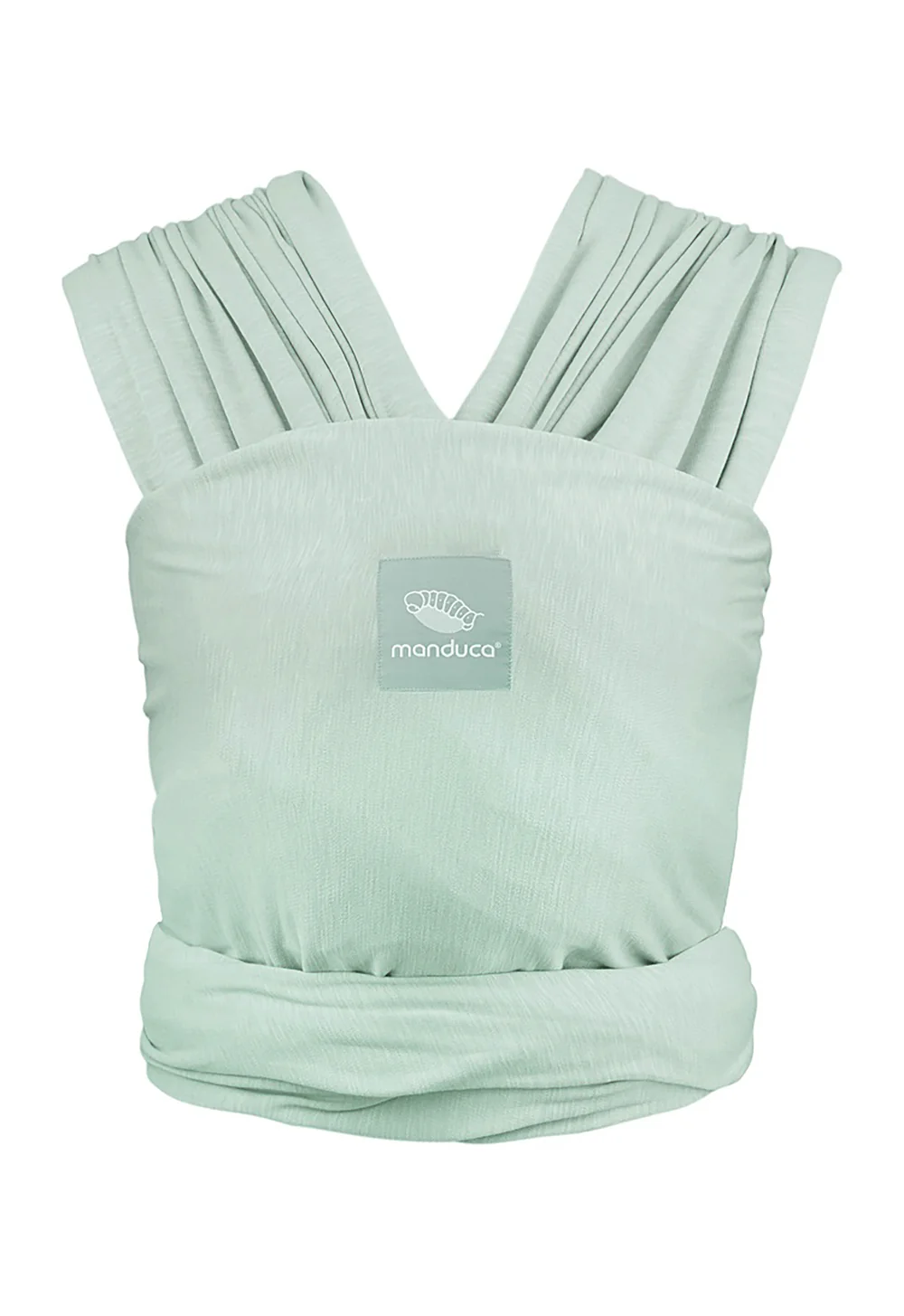 manduca Sling baby-tragetuch in Mintgrün, gebunden als Tragehilfe in Vorderansicht auf weißem Hintergrund