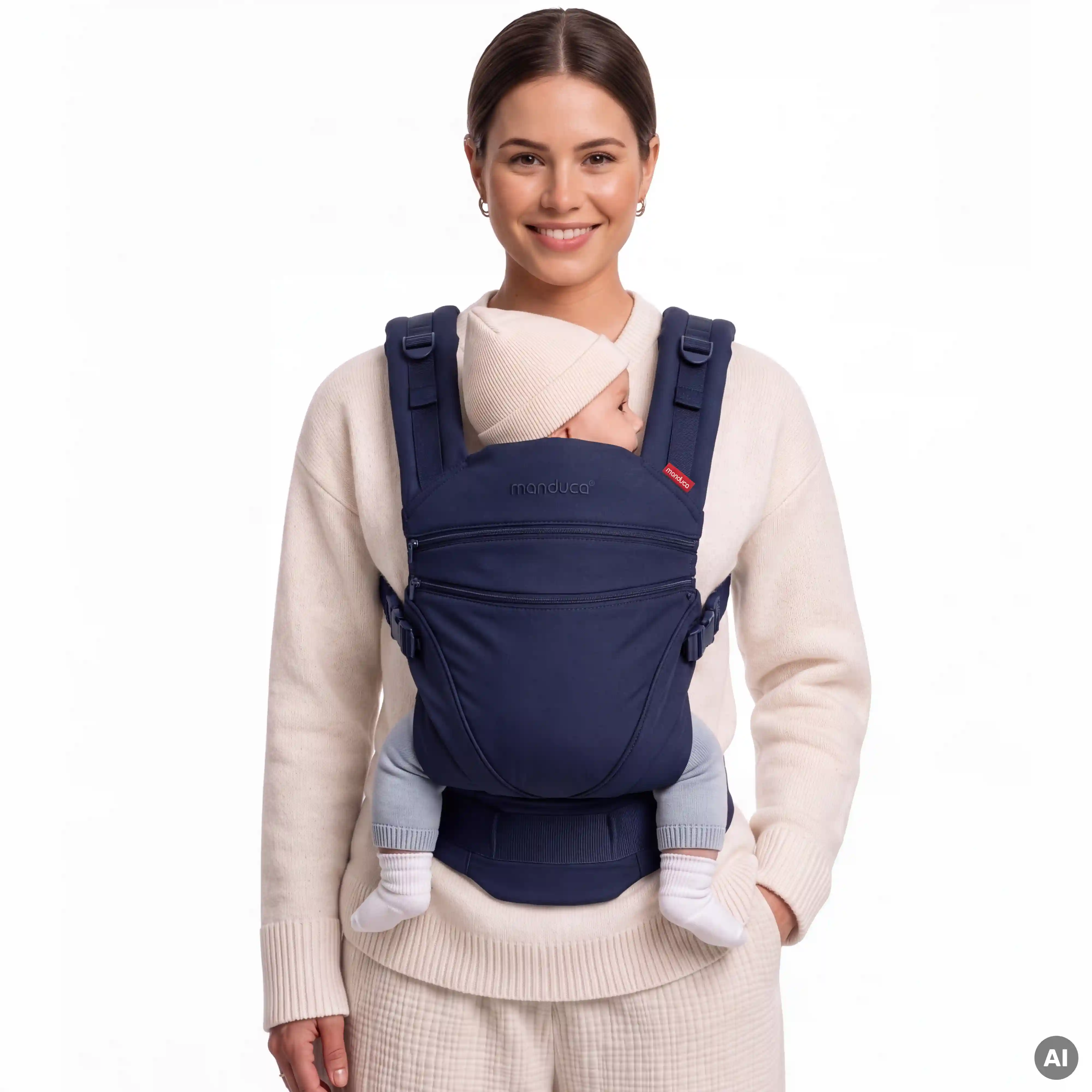 manduca XT Babytrage Midnight getragen mit Baby