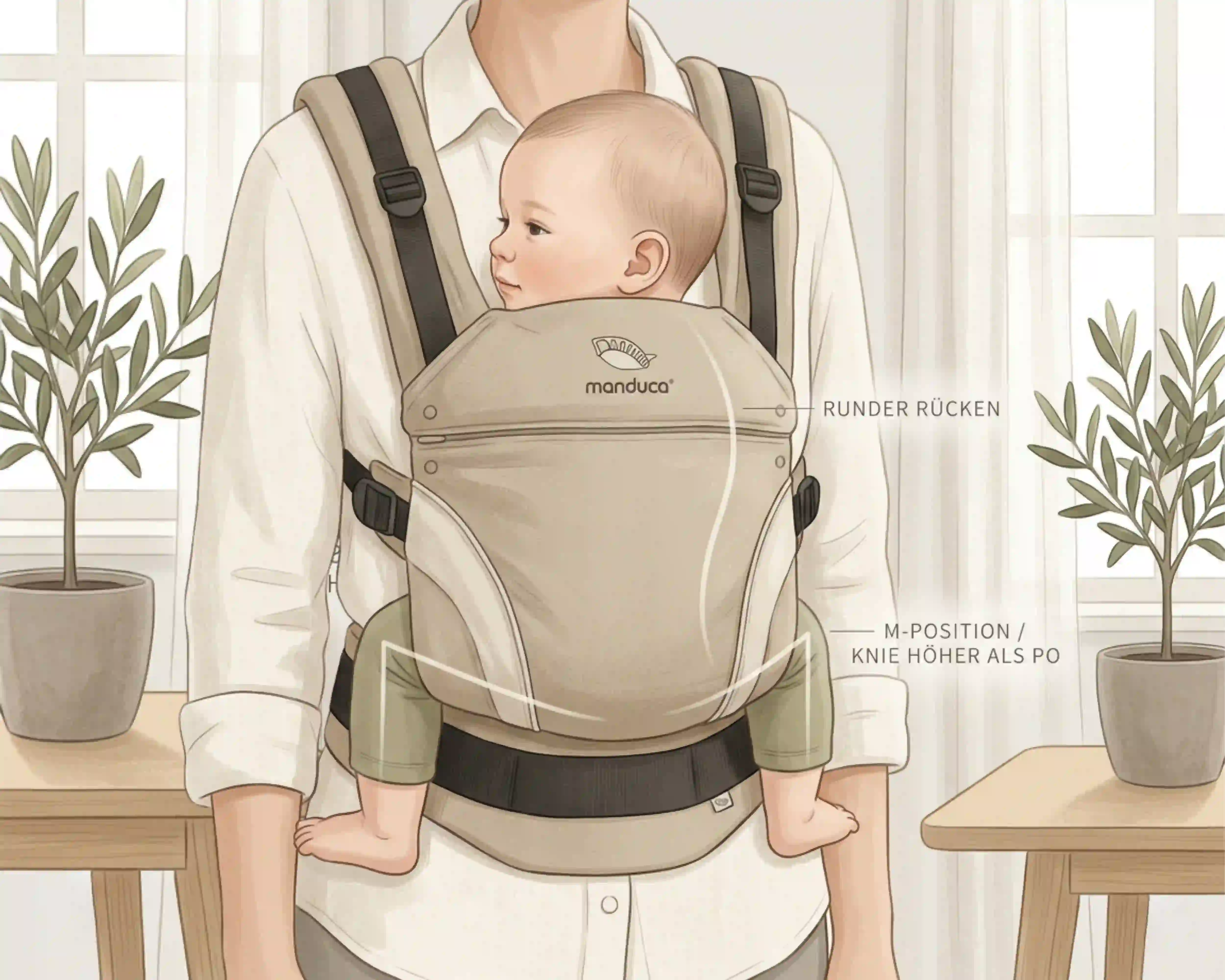 Grafische Illustration eines Babys in der M-Position in einer manduca Trage, mit Markierung von Kniehöhe und rundem Rücken.