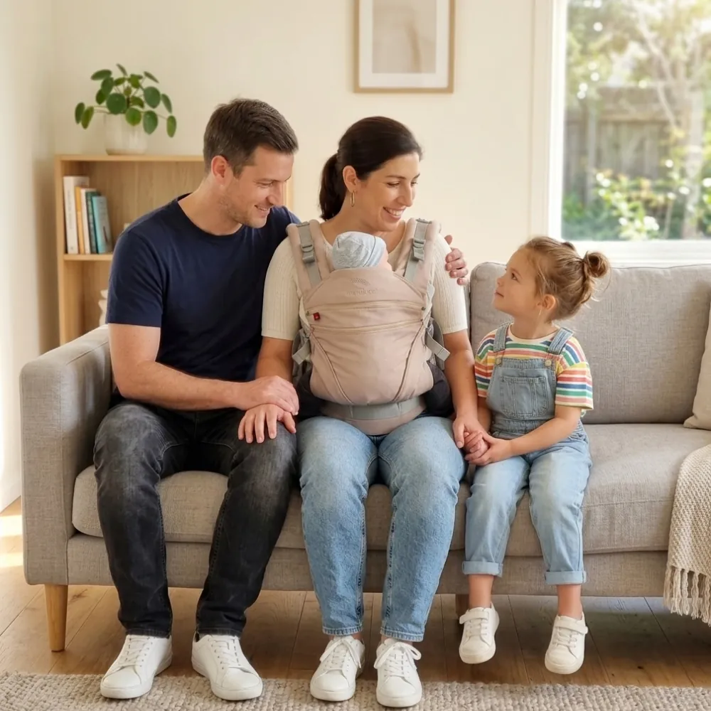 Ein glückliches Paar sitzt auf einem Sofa im Wohnzimmer, das Baby wird in der beigefarbenen Manduca XT Babytrage am Bauch getragen. Ein weiteres, kleines Mädchen sitzt daneben, alle blicken liebevoll auf das Baby.