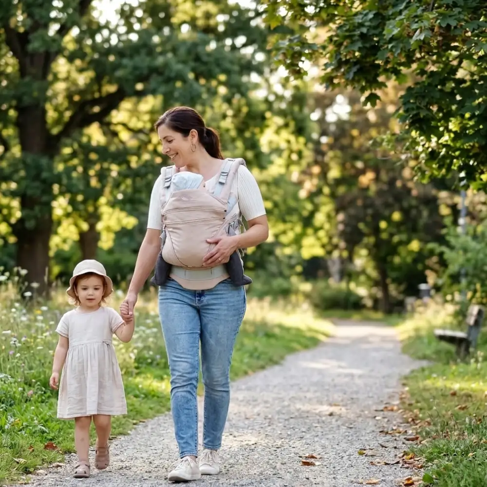 Eine Mutter im sommerlichen Park, die ein Baby in einer beigefarbenen Manduca XT Trage vor der Brust hält und ein kleines Mädchen an der Hand führt. Sie spazieren auf einem Kiesweg