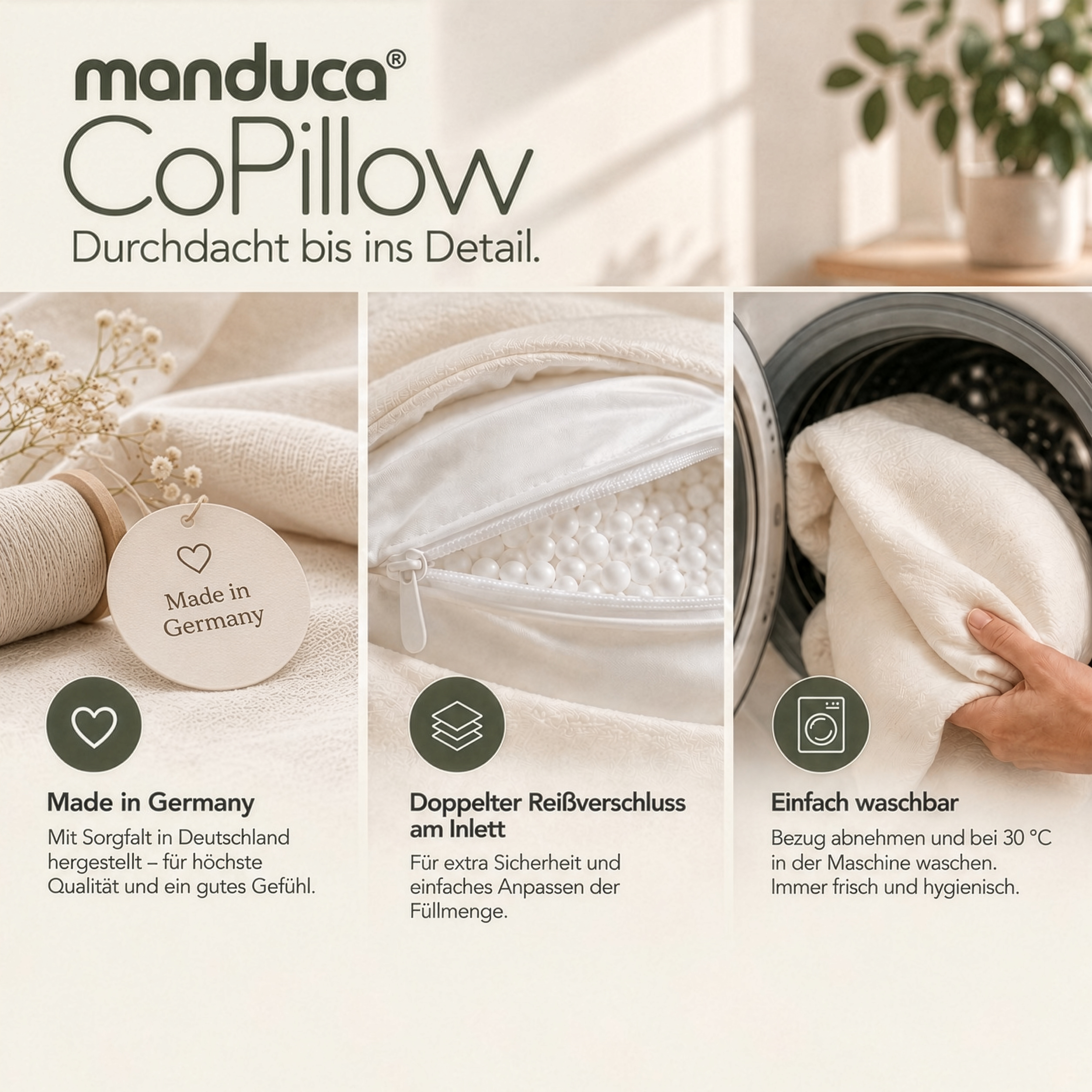 manduca CoPillow Soft Ivory mit Füllung, Reißverschluss und waschbarem Bezug