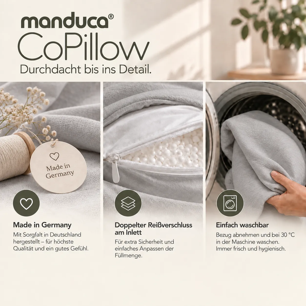 manduca CoPillow Cozy Grey mit Füllung, Reißverschluss und waschbarem Bezug