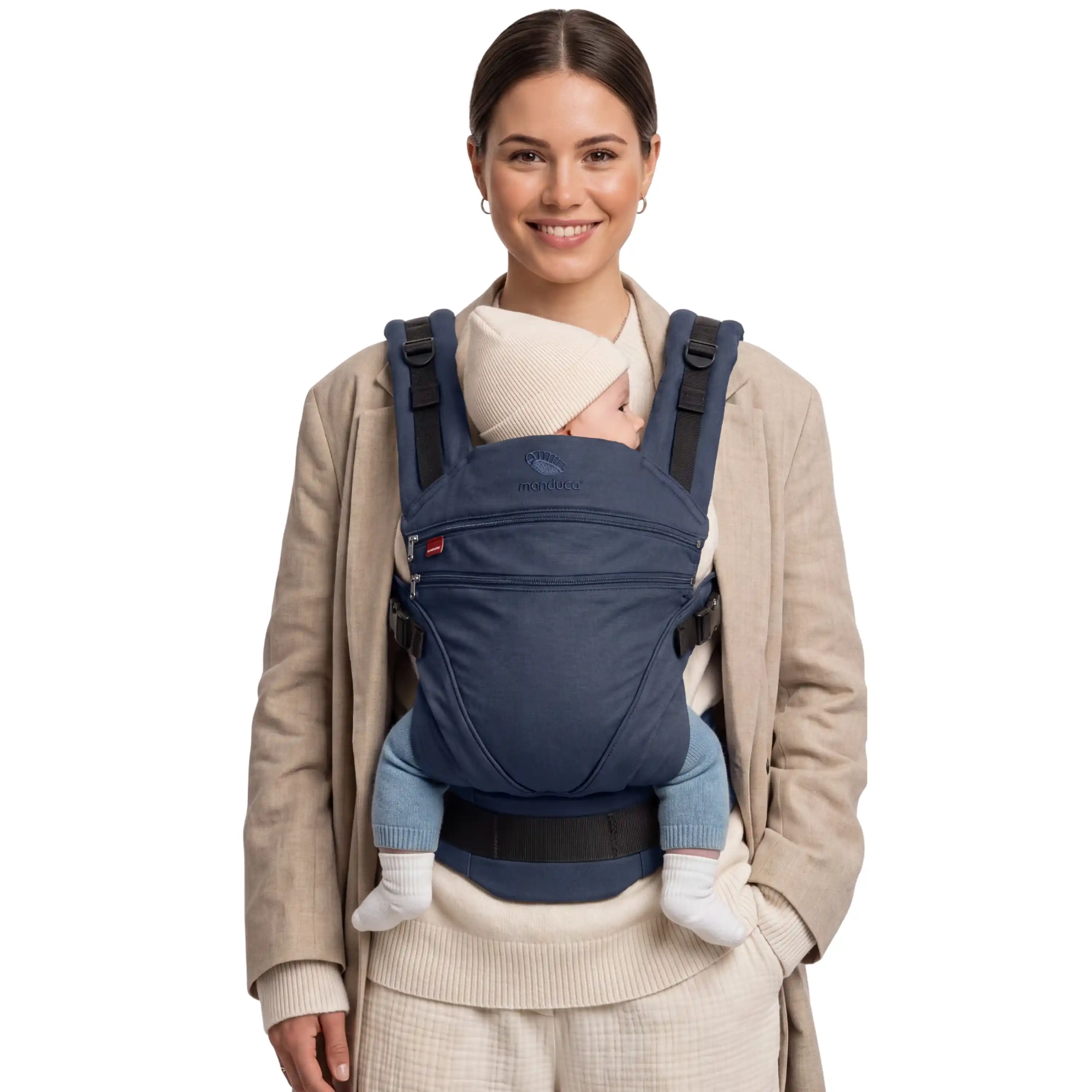 manduca XT Babytrage Melange Blue getragen mit Baby