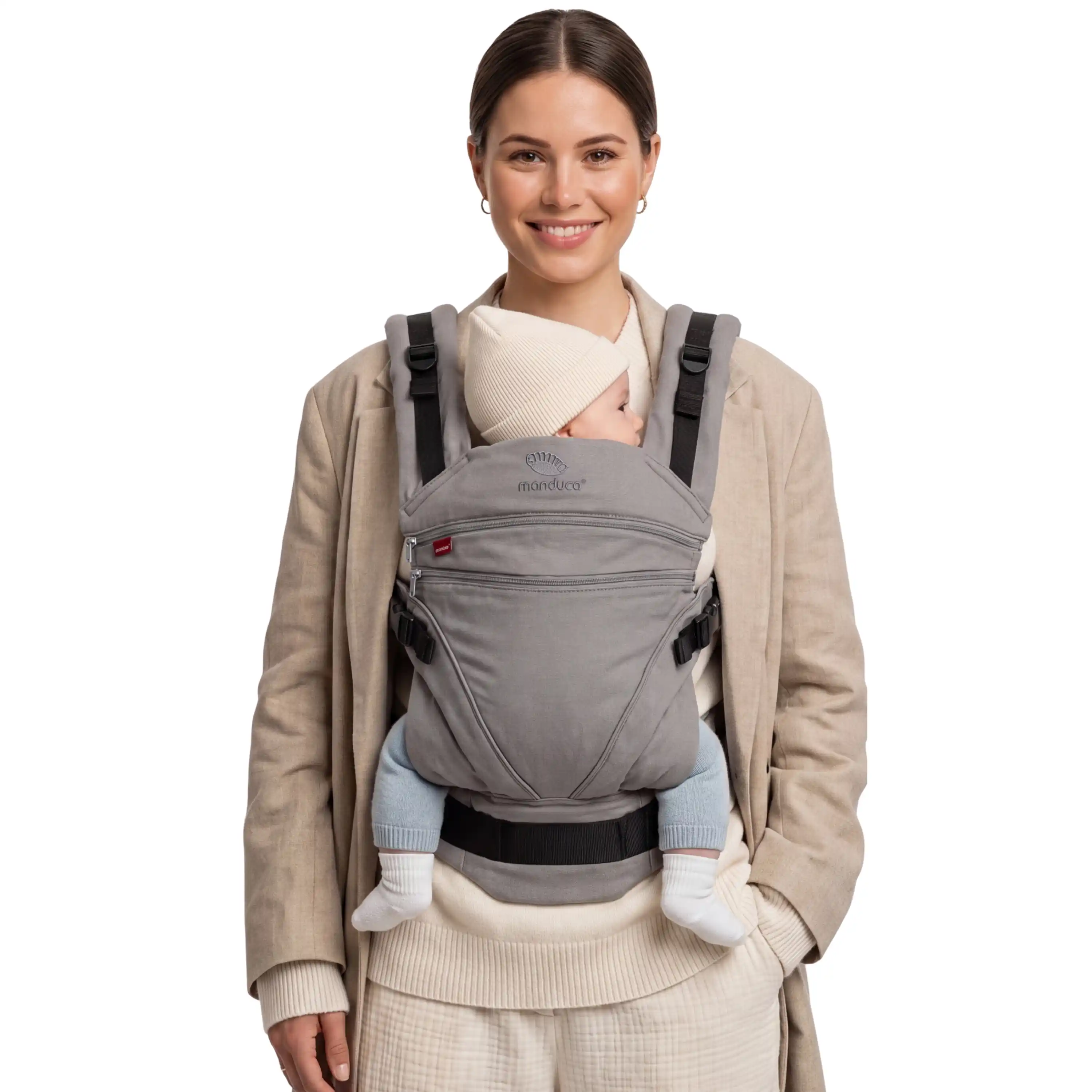 manduca XT Babytrage Melange Grey getragen mit Baby