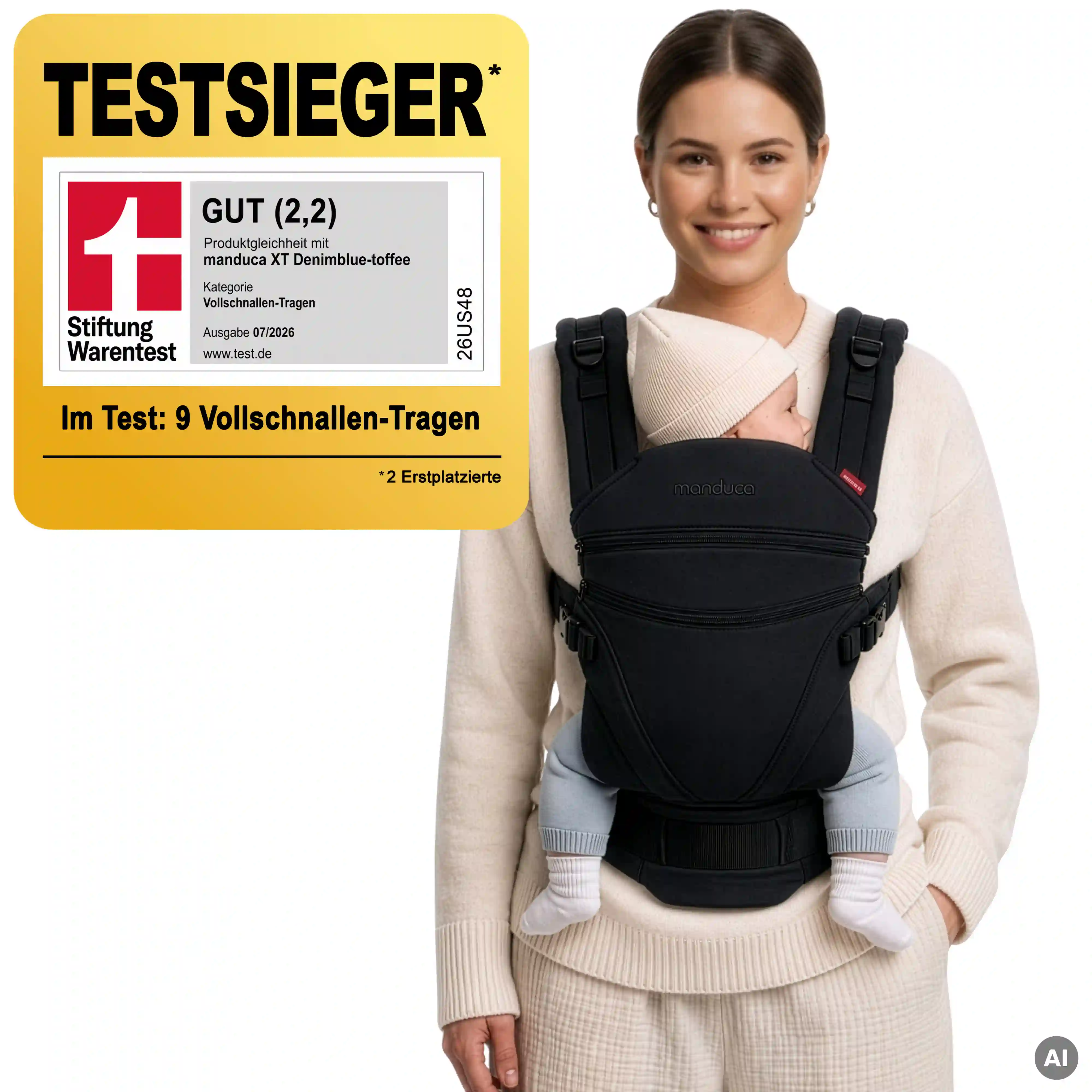 Die manduca XT Babytrage in Obsidian Schwarz wird von einer Mutter mit Baby getragen und das Stiftung Warentest Testieger Siegel ist sichtbar
