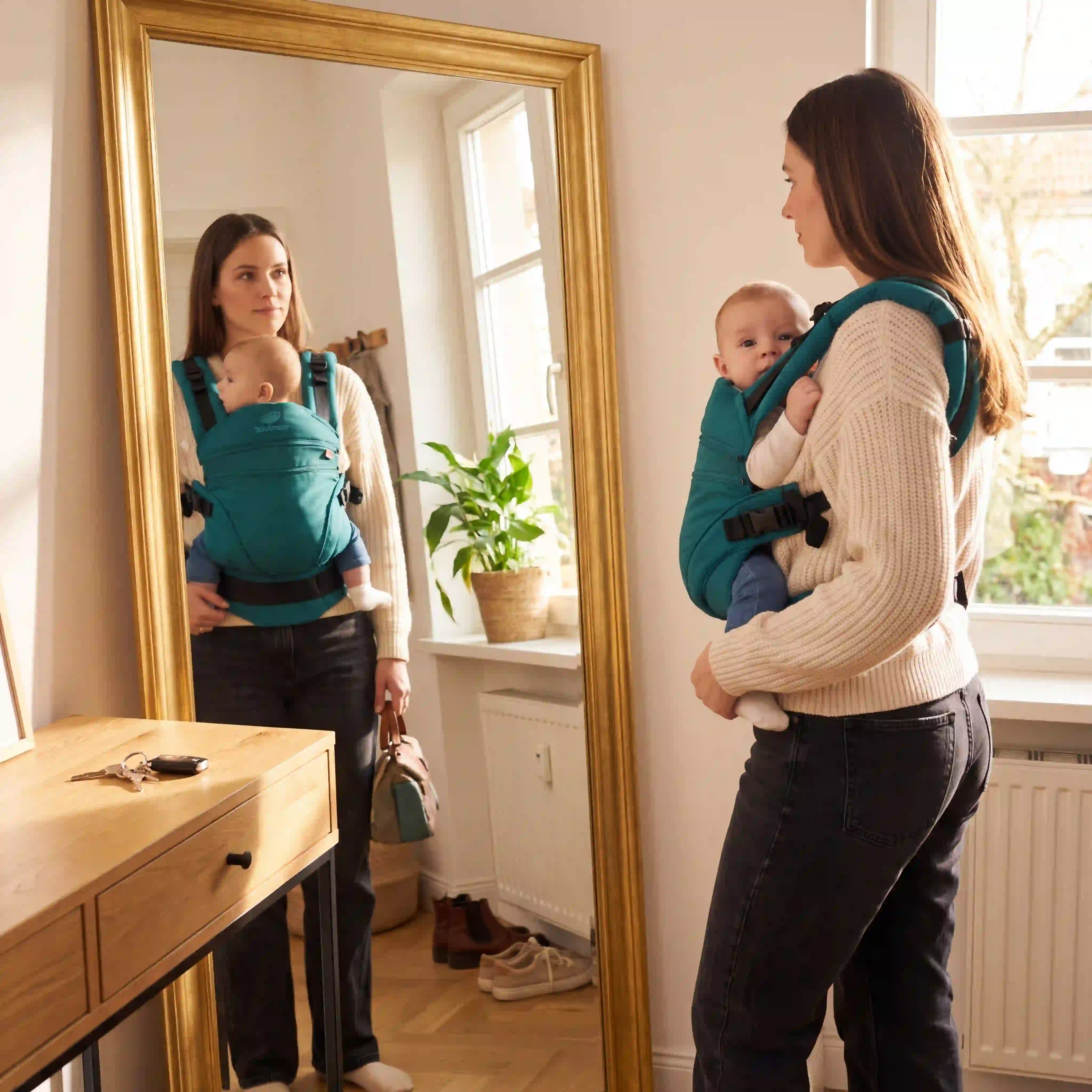 Mutter prüft vor einem Spiegel den korrekten Sitz ihres Babys in einer manduca Babytrage