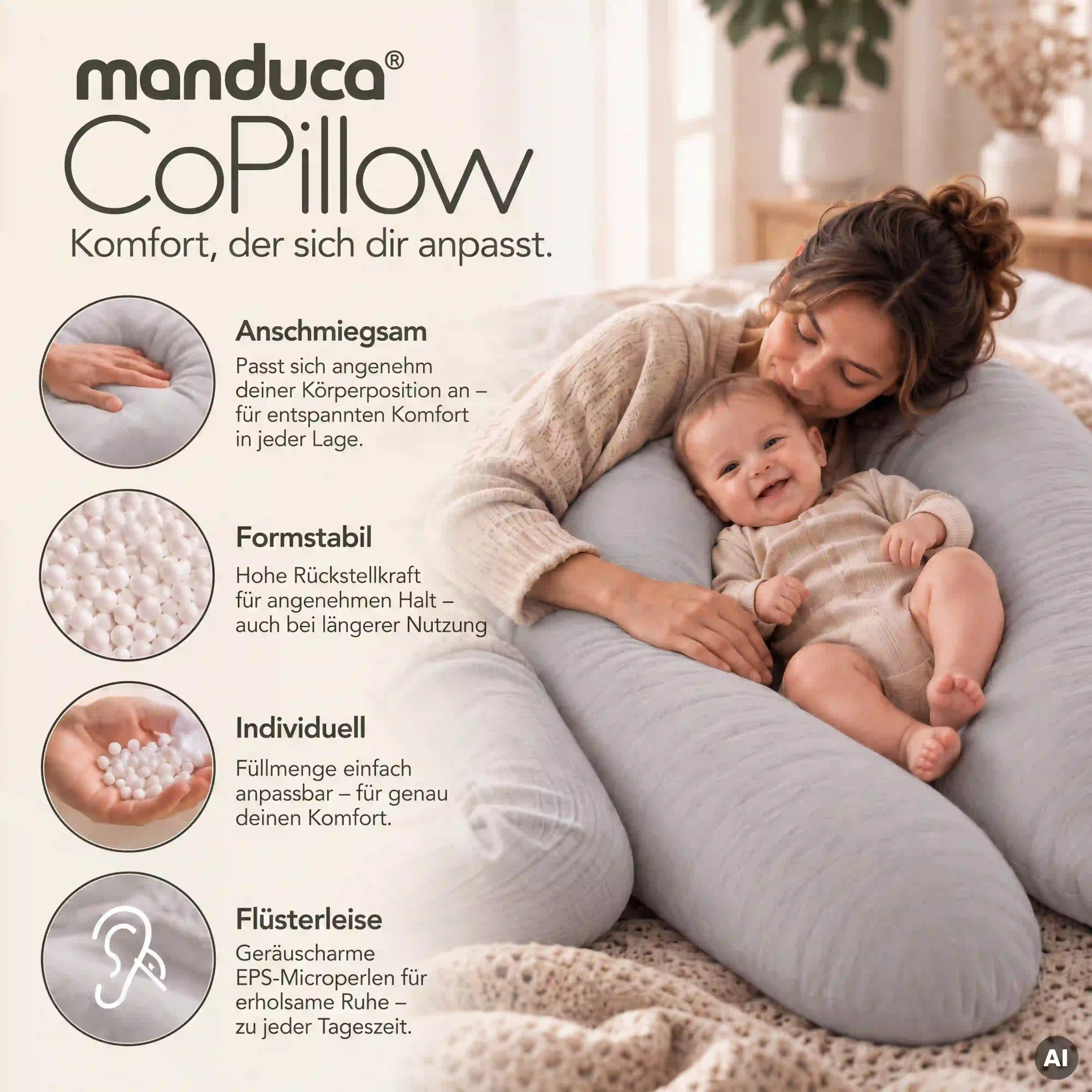 manduca CoPillow Cozy Grey als anpassbares Still- und Lagerungskissen