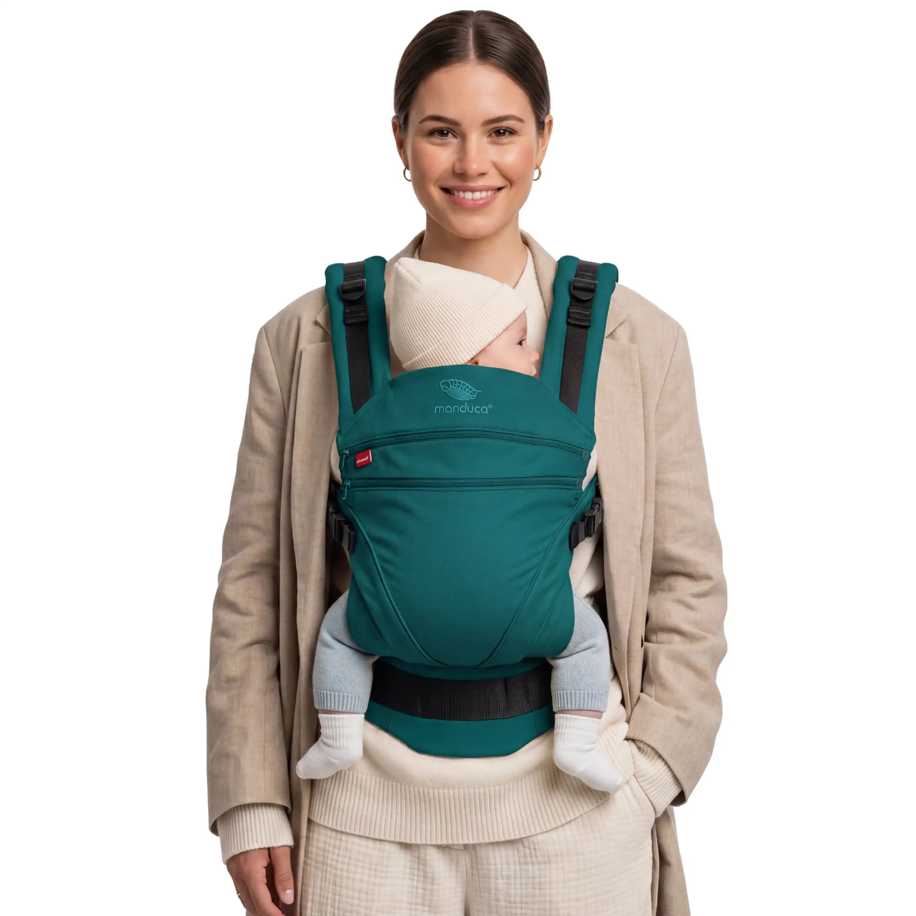 manduca XT Babytrage Happy Lagoon getragen mit Baby