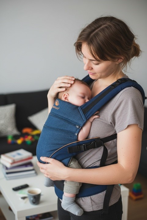 Mutter trägt Baby ganz nah in der manduca Denim Blue Babytrage und streichelt mit einer Hand den Kopf des Kindes