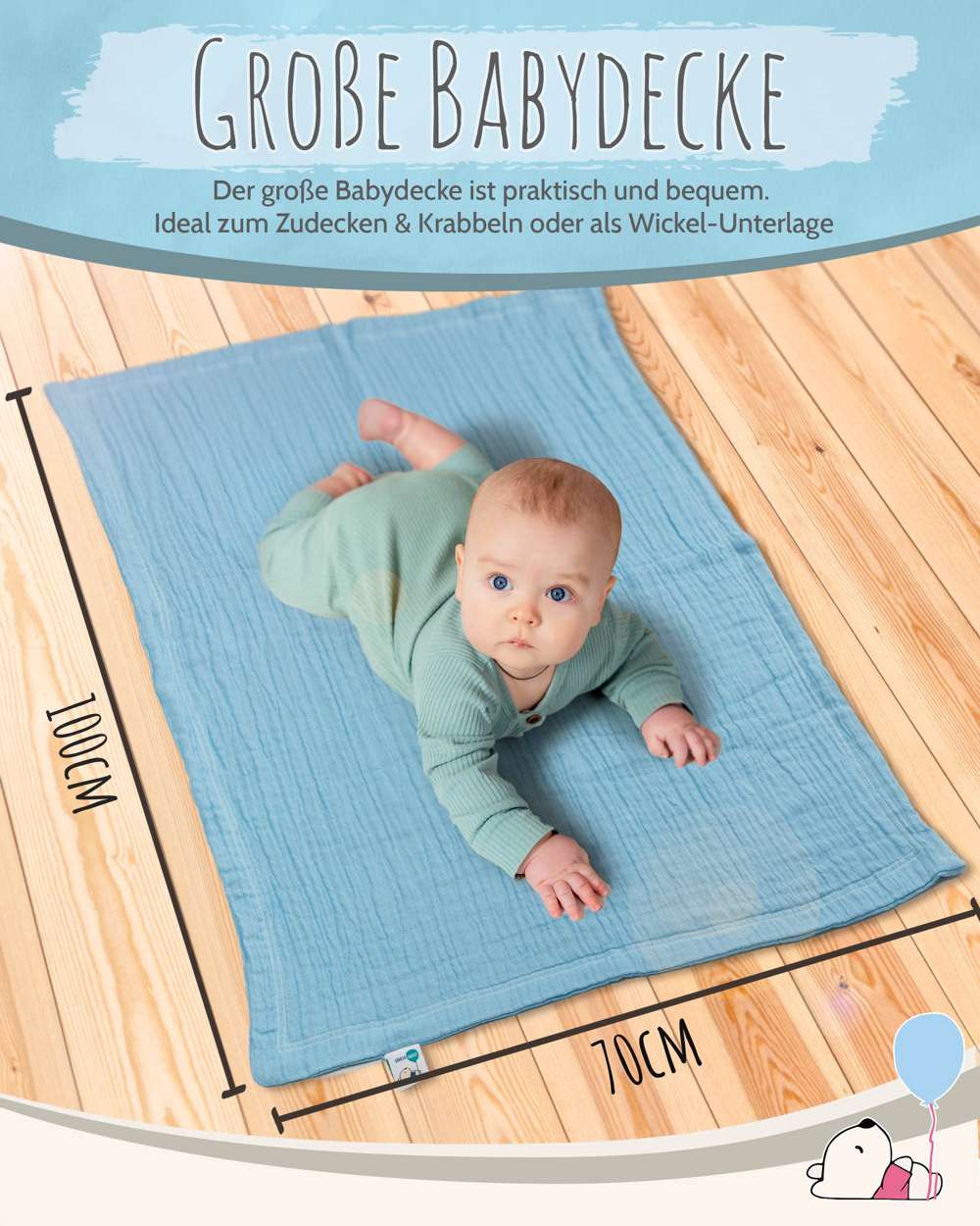 pic Bear Babydecke Kuscheldecke 70x100cm, airy blue Musselin