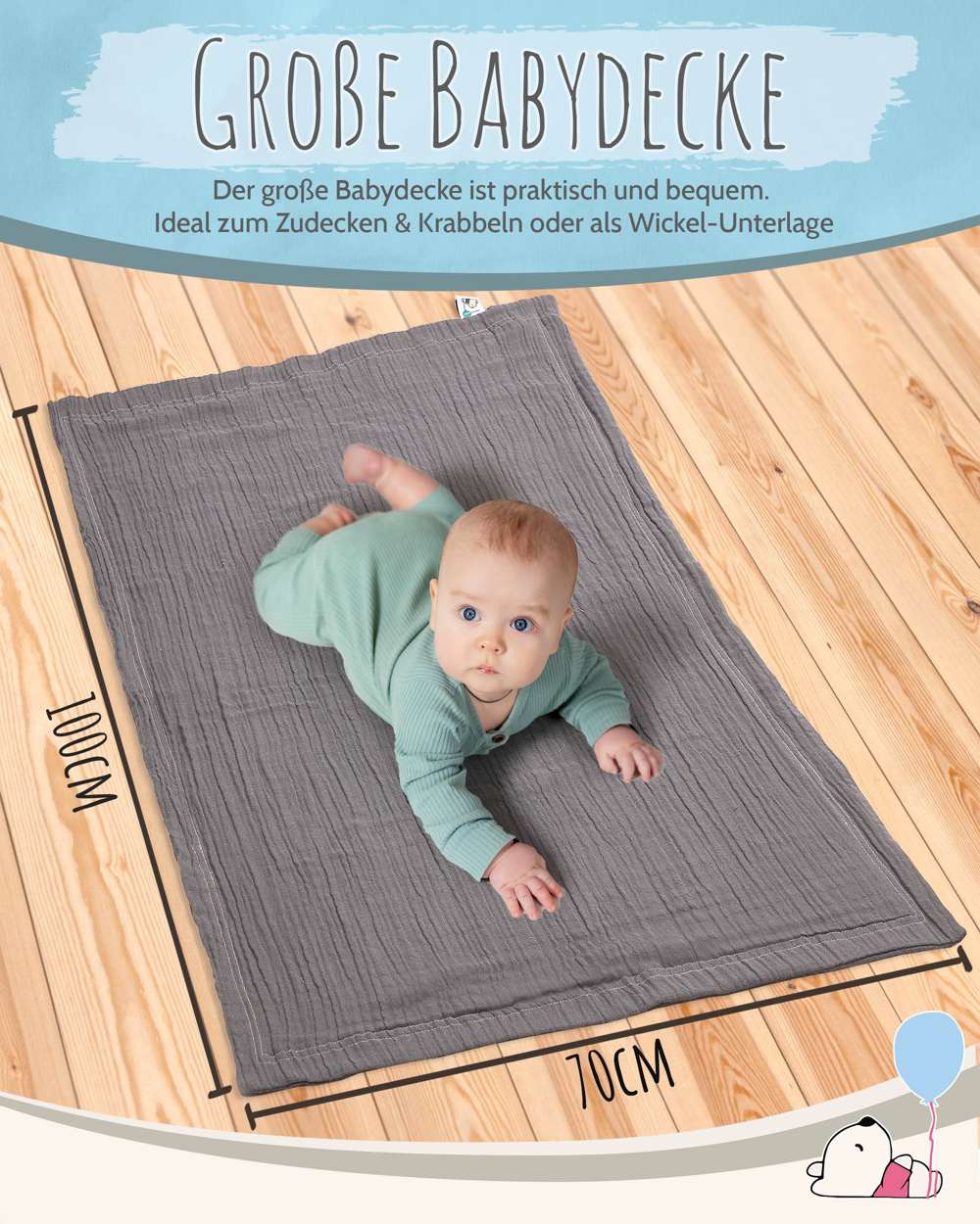 pic Bear Babydecke Kuscheldecke 70x100cm, Granit Musselin
