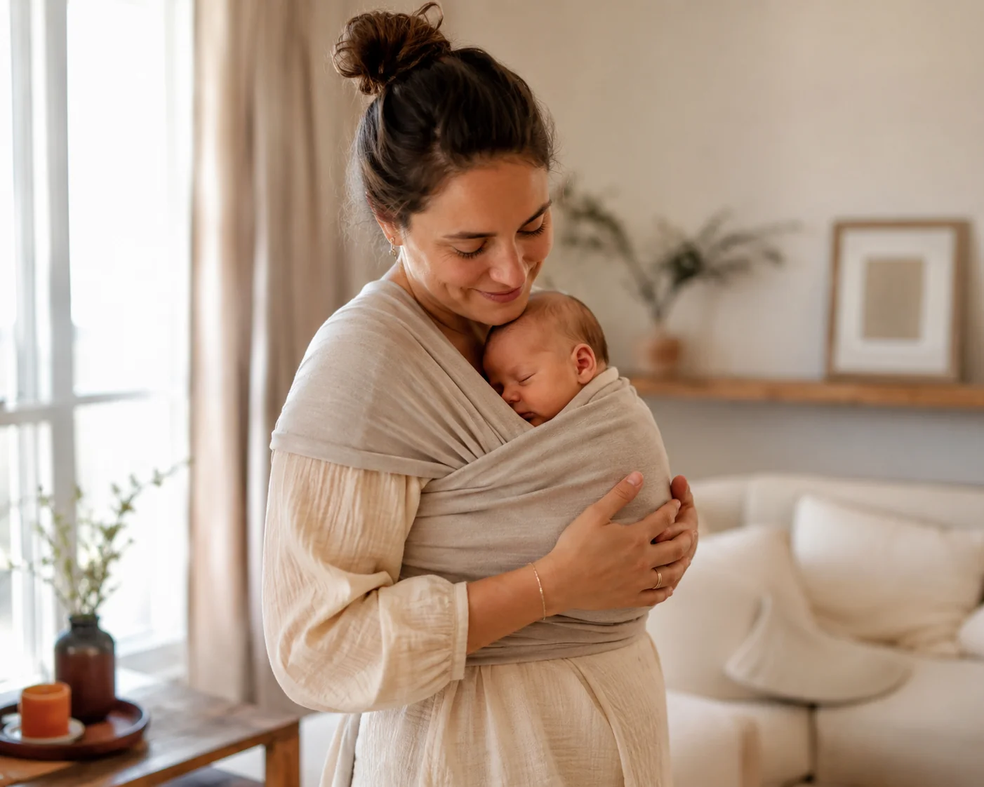 Mutter Traegt baby in sling im wohnzimmer